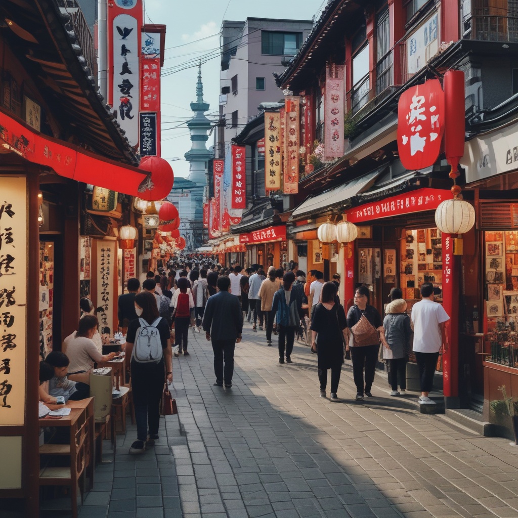 Busy Asakusa street with traditional shops